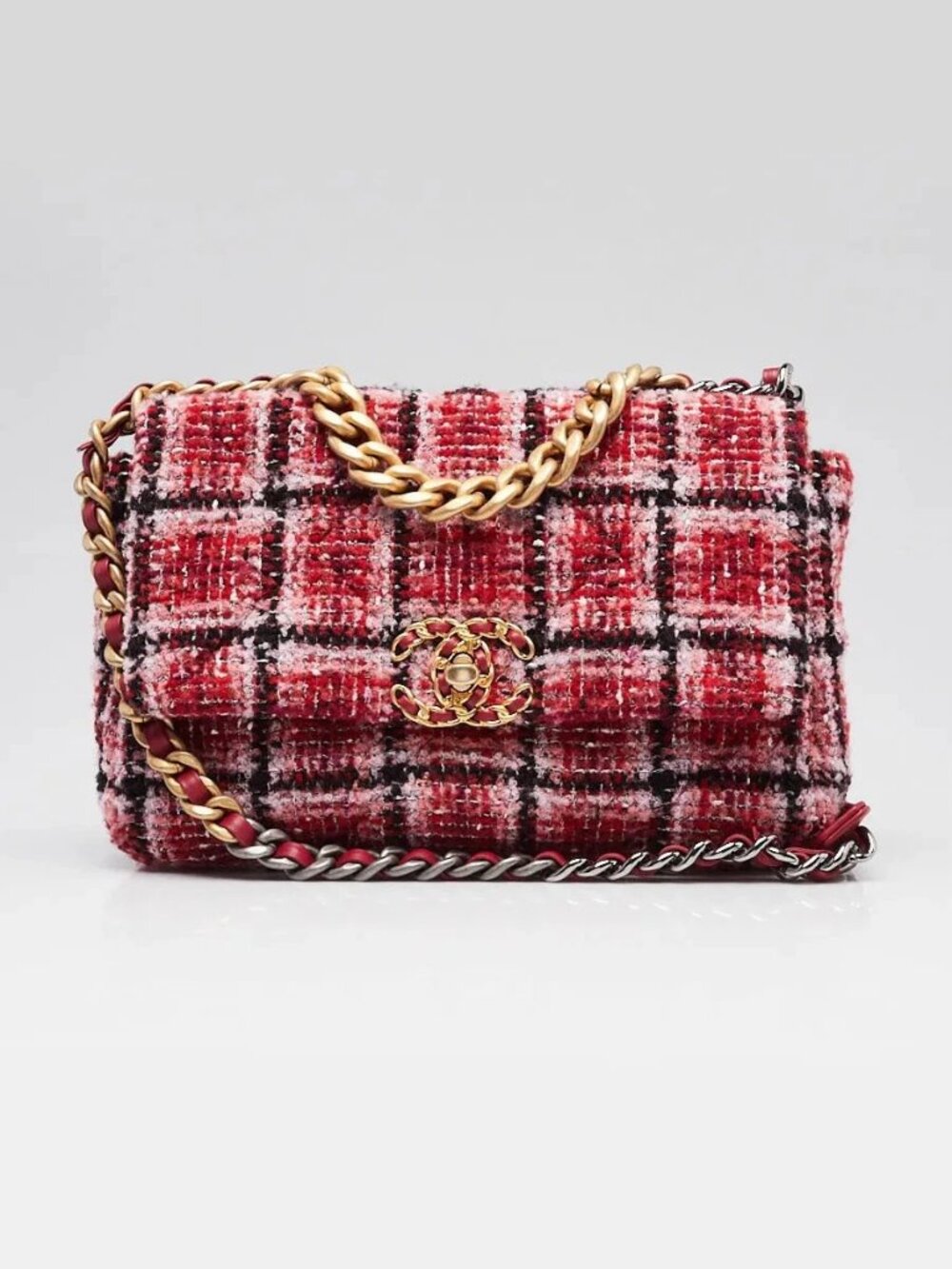 Chanel Pink/Red/Black Quilted Tweed Small Chanel 19 Flap Bag